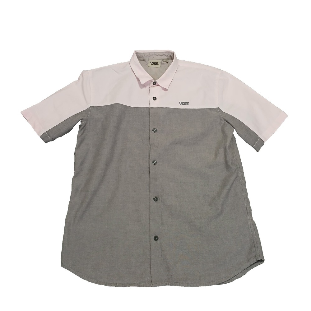 Vans Boys Button Up Shirt XL Gray Pink Short Sleeve Colorblock Cotton
